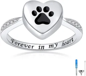 925 Sterling Silver Love Heart Urn Ring for pet Dog Cat's Ashes Keepsake Memorial Tiny Jewelry Forever in My Heart Paw Print Cremation Finger Rings