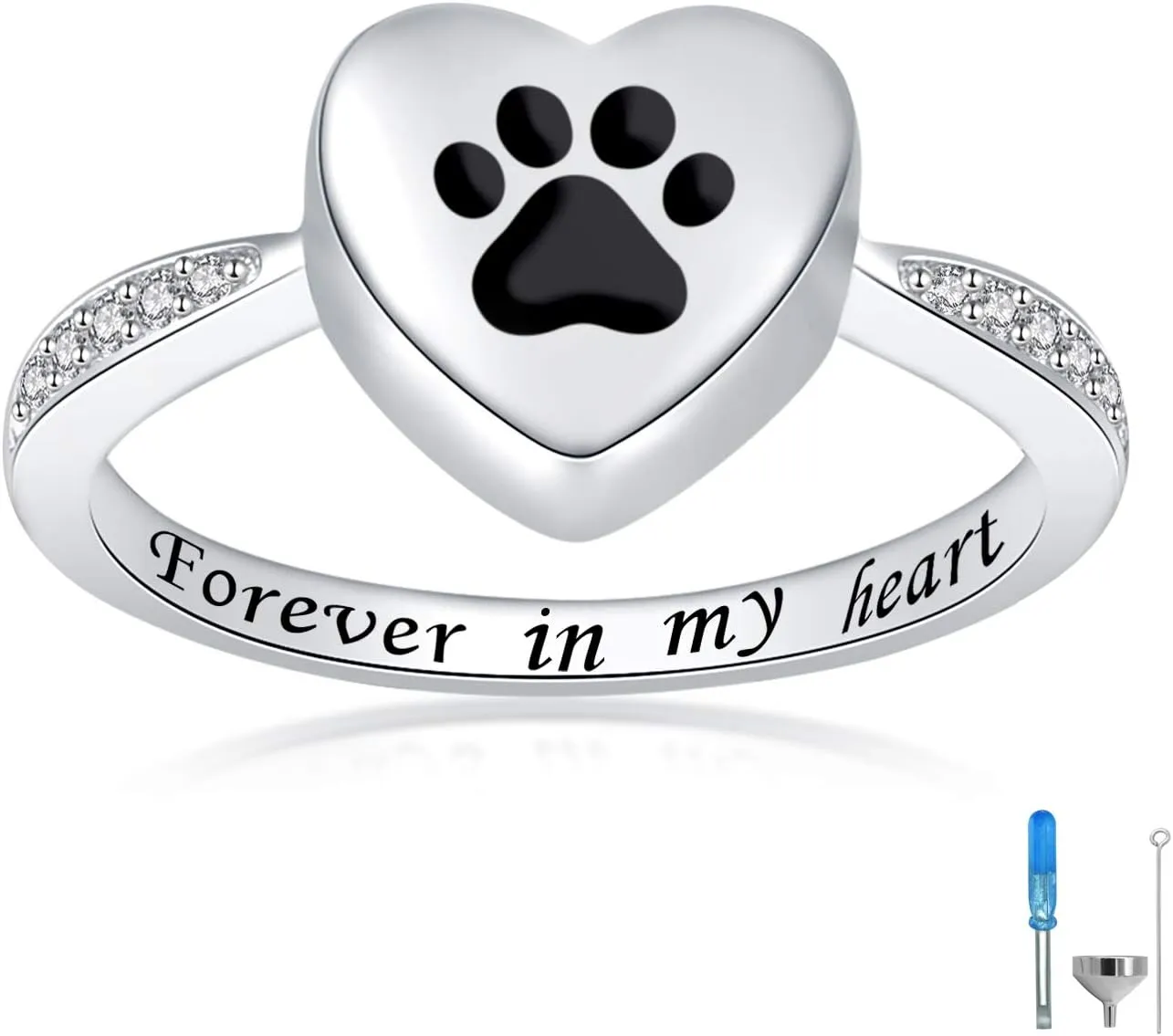 925 Sterling Silver Love Heart Urn Ring for pet Dog Cat's Ashes Keepsake Memorial Tiny Jewelry Forever in My Heart Paw Print Cremation Finger Rings