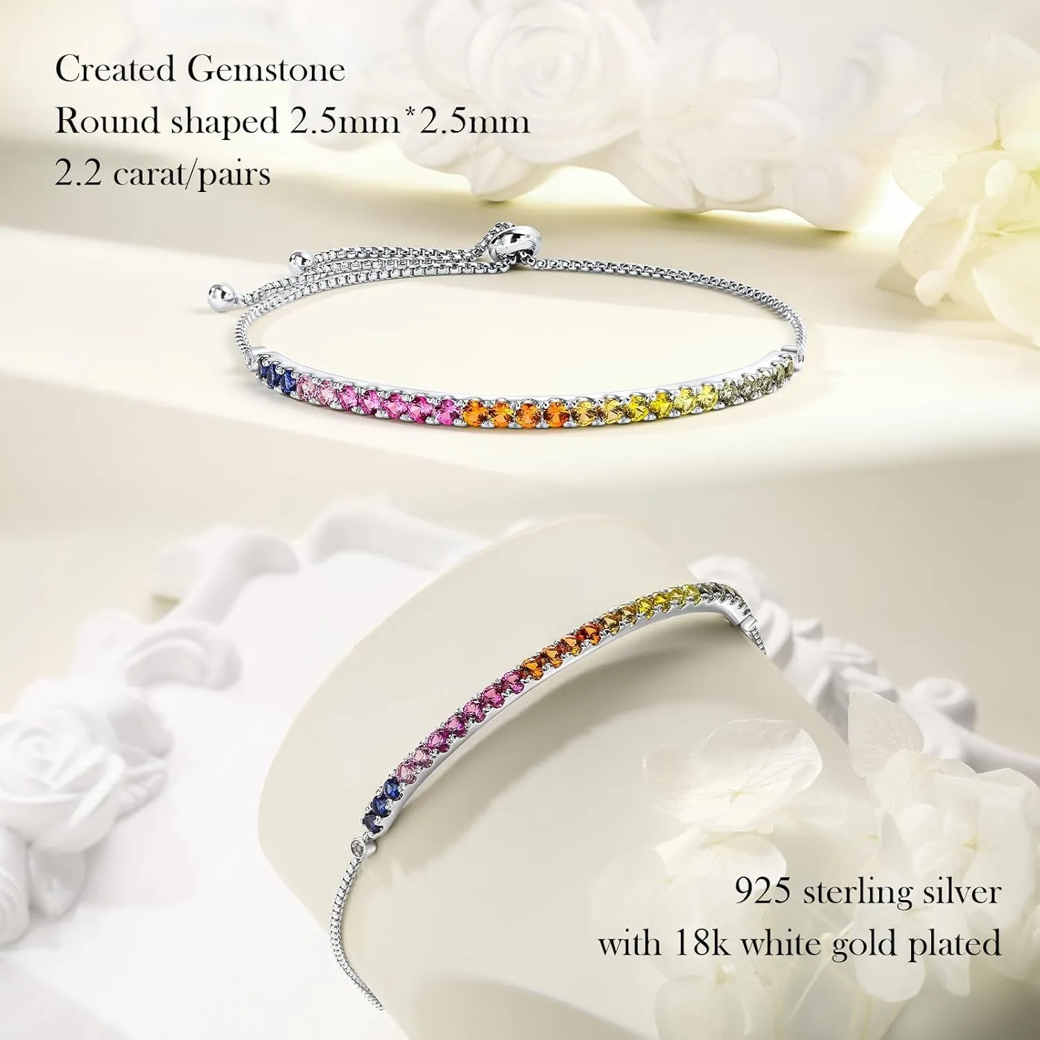 925 Sterling Sliver Tennis Bracelets for Women Teen Girls Round/Oval/Princess Shaped Created Gemstone Adjustable/Link Bracelets