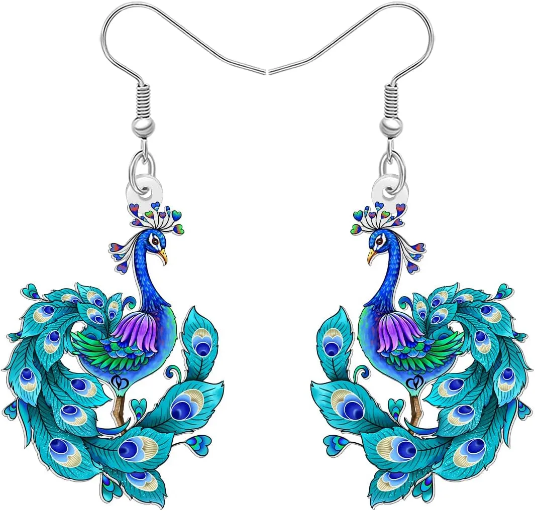 Acrylic Fun Blue Peacock Gifts Designer Dangle Earrings for Women Nature Inspired Cute Bird Dangling Earrings Hypoallergenic Jewelry for Bird Lovers Birthday Party Charms