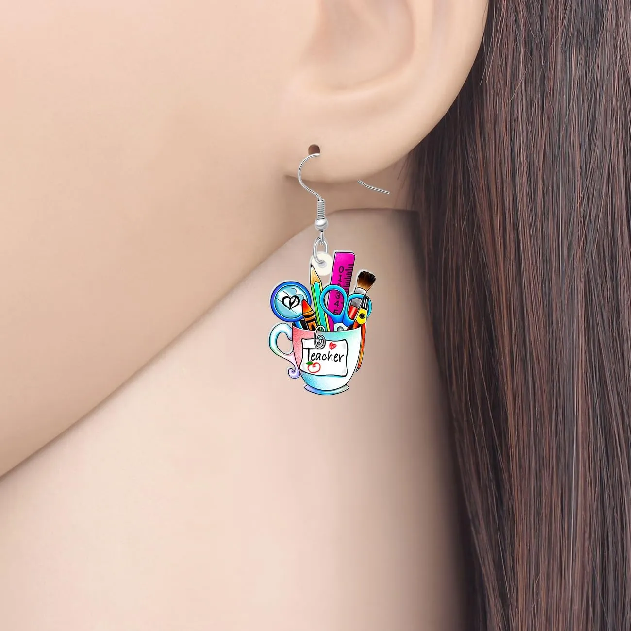 Acrylic Fun Teacher Earrings Dangle Crayon Ruler Pencil Stationery Case Jewelry Back to School Gifts for Teachers Women