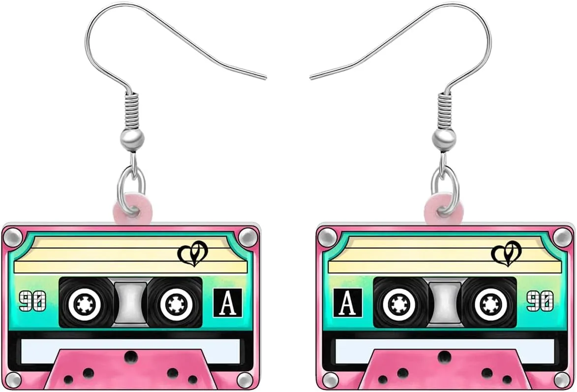 Acrylic Nostalgic 80s 90s Magnetic Cassette Tape Earrings Double Sided Vintage Tape For Women Music Lovers Charms Gifts Novelty Jewelry Dangle