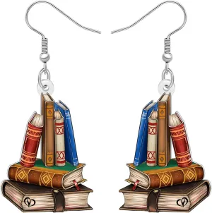 Acrylic Vintage Cute Teacher Book Earrings Dangling for Women Student Graduation Fun Bookpile Dangle Appreciation Jewelry for Librarian Book Lovers Gifts