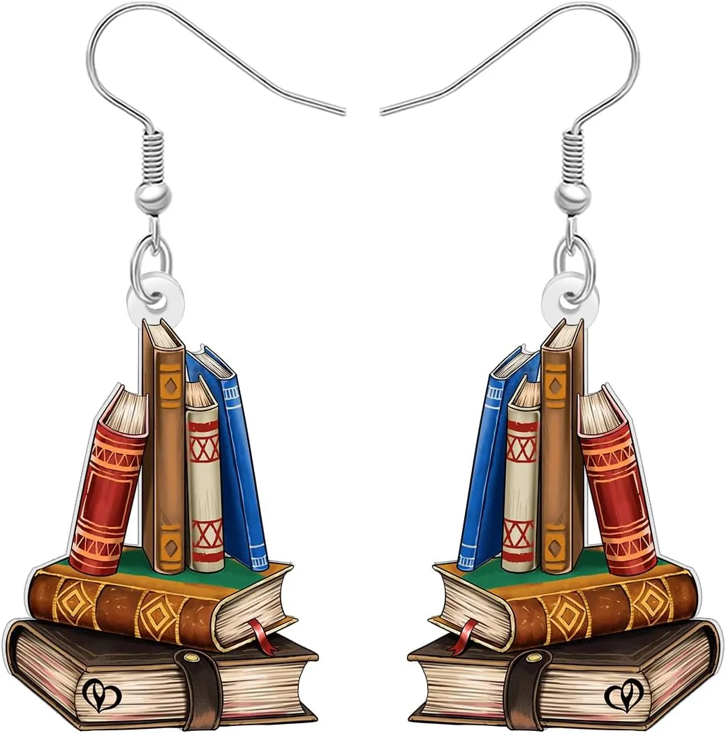 Acrylic Vintage Cute Teacher Book Earrings Dangling for Women Student Graduation Fun Bookpile Dangle Appreciation Jewelry for Librarian Book Lovers Gifts