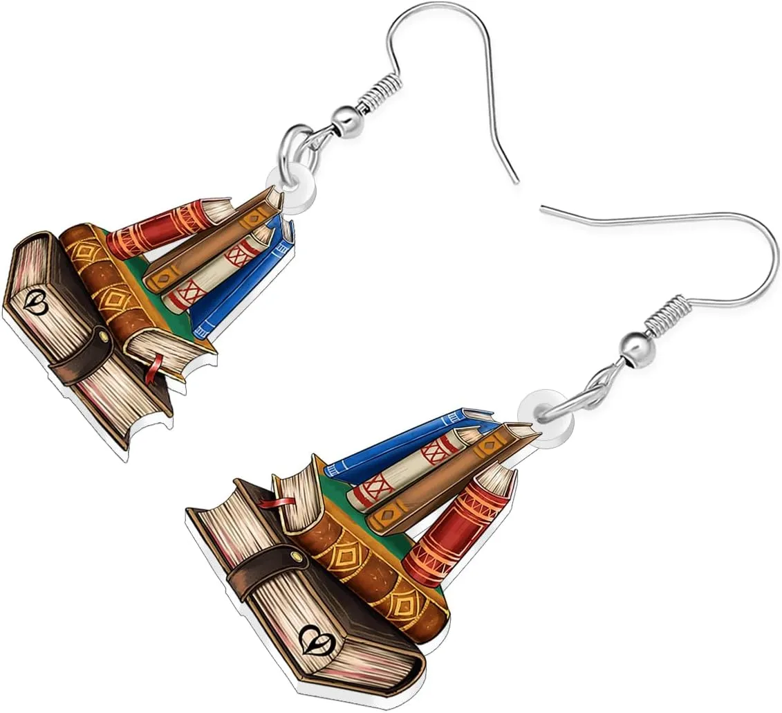 Acrylic Vintage Cute Teacher Book Earrings Dangling for Women Student Graduation Fun Bookpile Dangle Appreciation Jewelry for Librarian Book Lovers Gifts