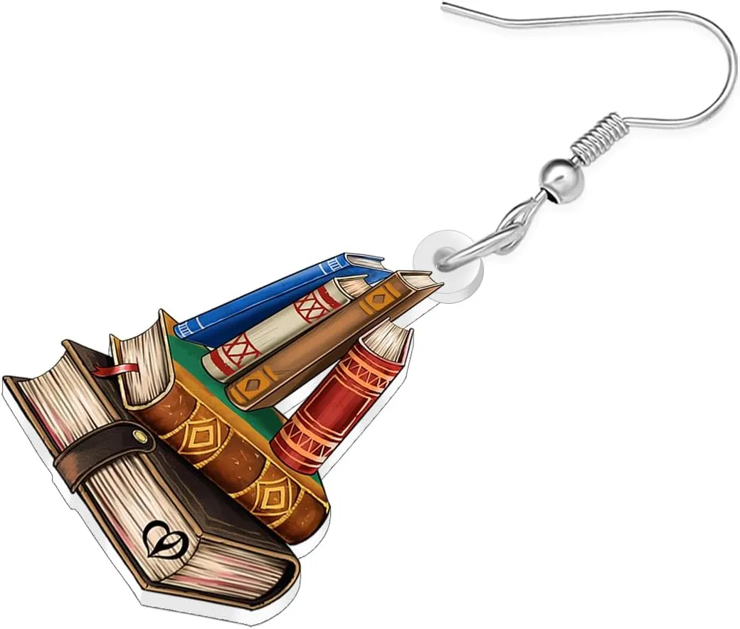 Acrylic Vintage Cute Teacher Book Earrings Dangling for Women Student Graduation Fun Bookpile Dangle Appreciation Jewelry for Librarian Book Lovers Gifts