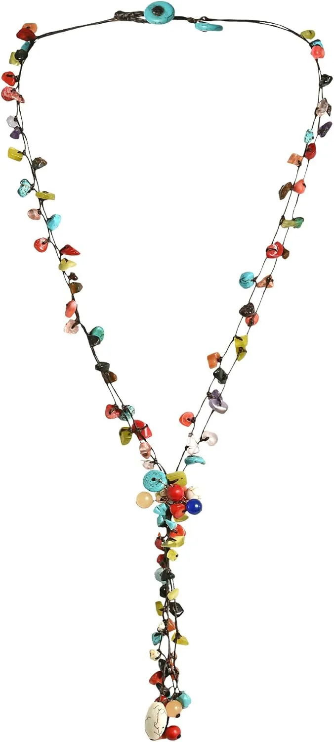 AeraVida Elegant Handcrafted Colorful Cluster of Stones Multistrand Drop Statement Necklace, 24 inch | Handmade Necklace | Stone Necklace | Flower Necklace | Summer Necklace