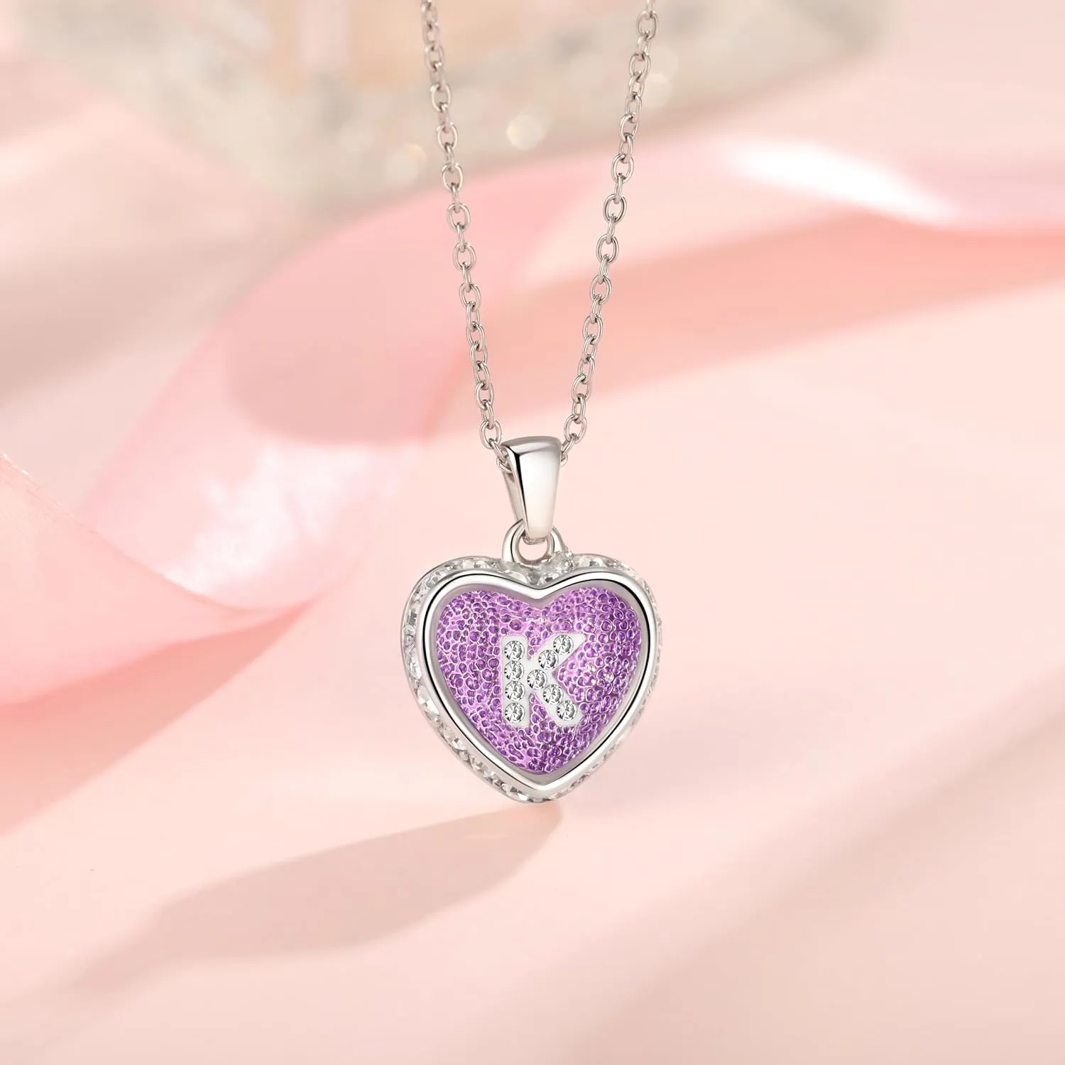 Ahiller Heart Initial Necklace,Crystal Diamond Letter Pendant,18 3" Adjustable Necklaces for Women Trendy Name Jewelry Purple