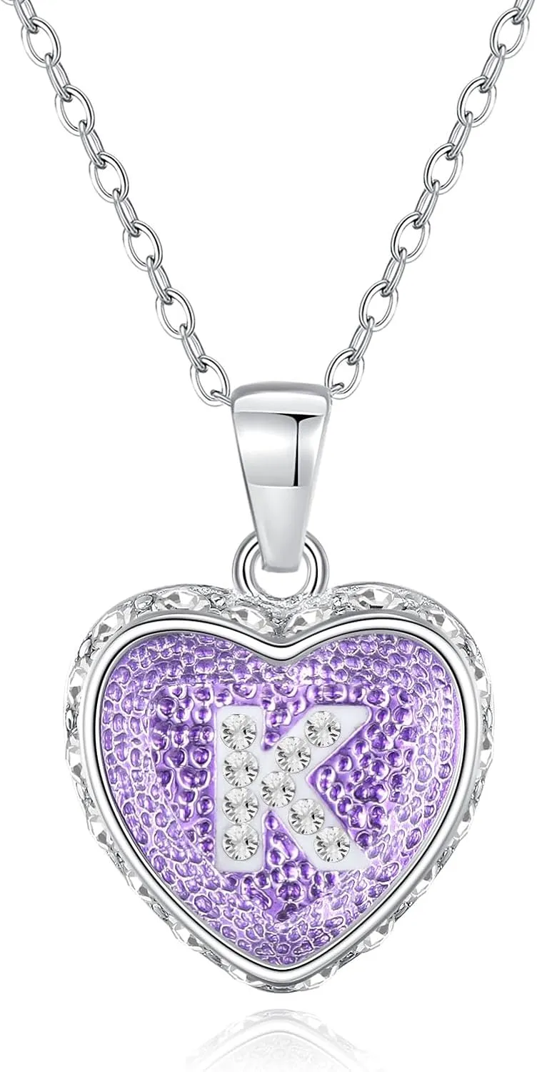 Ahiller Heart Initial Necklace,Crystal Diamond Letter Pendant,18 3" Adjustable Necklaces for Women Trendy Name Jewelry Purple