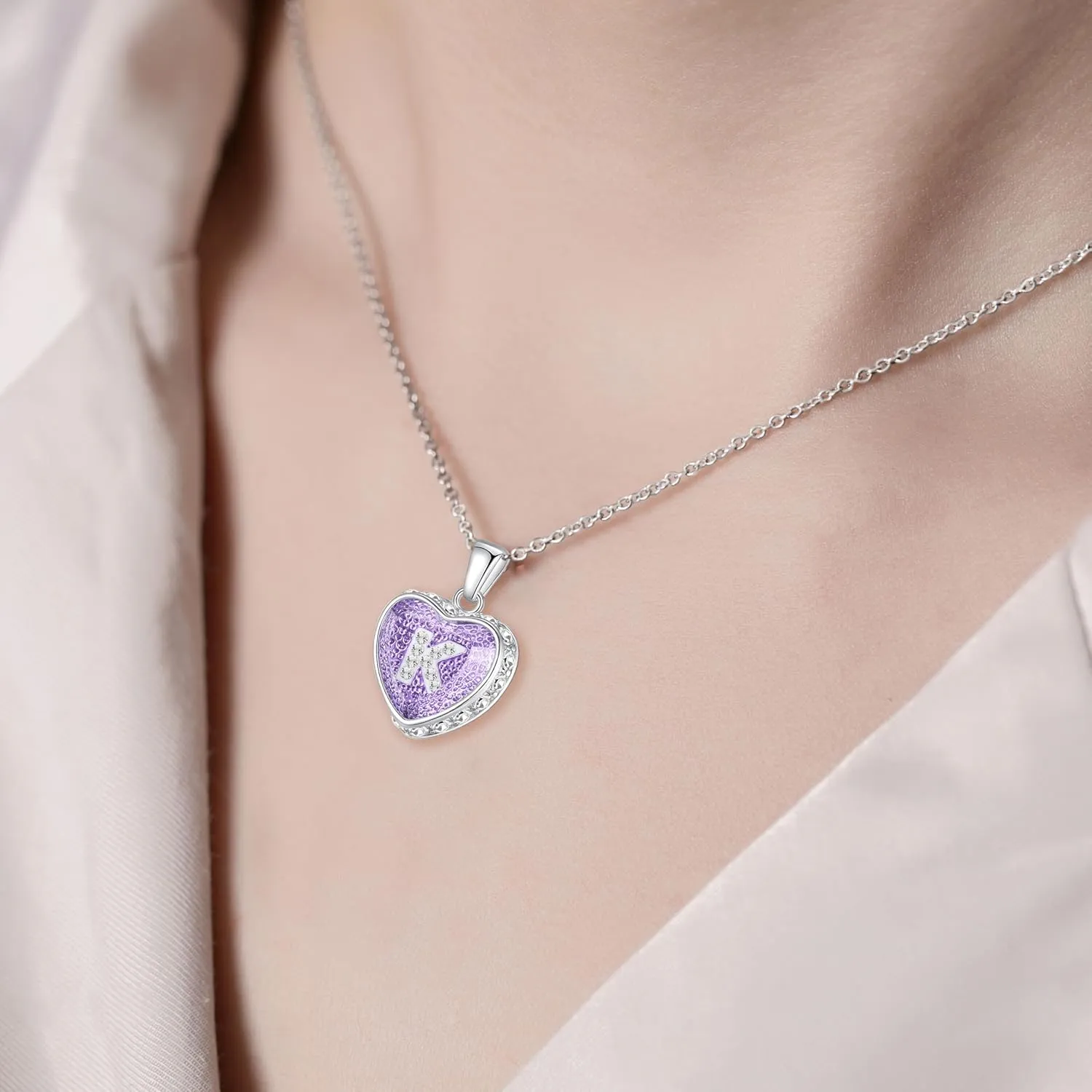 Ahiller Heart Initial Necklace,Crystal Diamond Letter Pendant,18 3" Adjustable Necklaces for Women Trendy Name Jewelry Purple