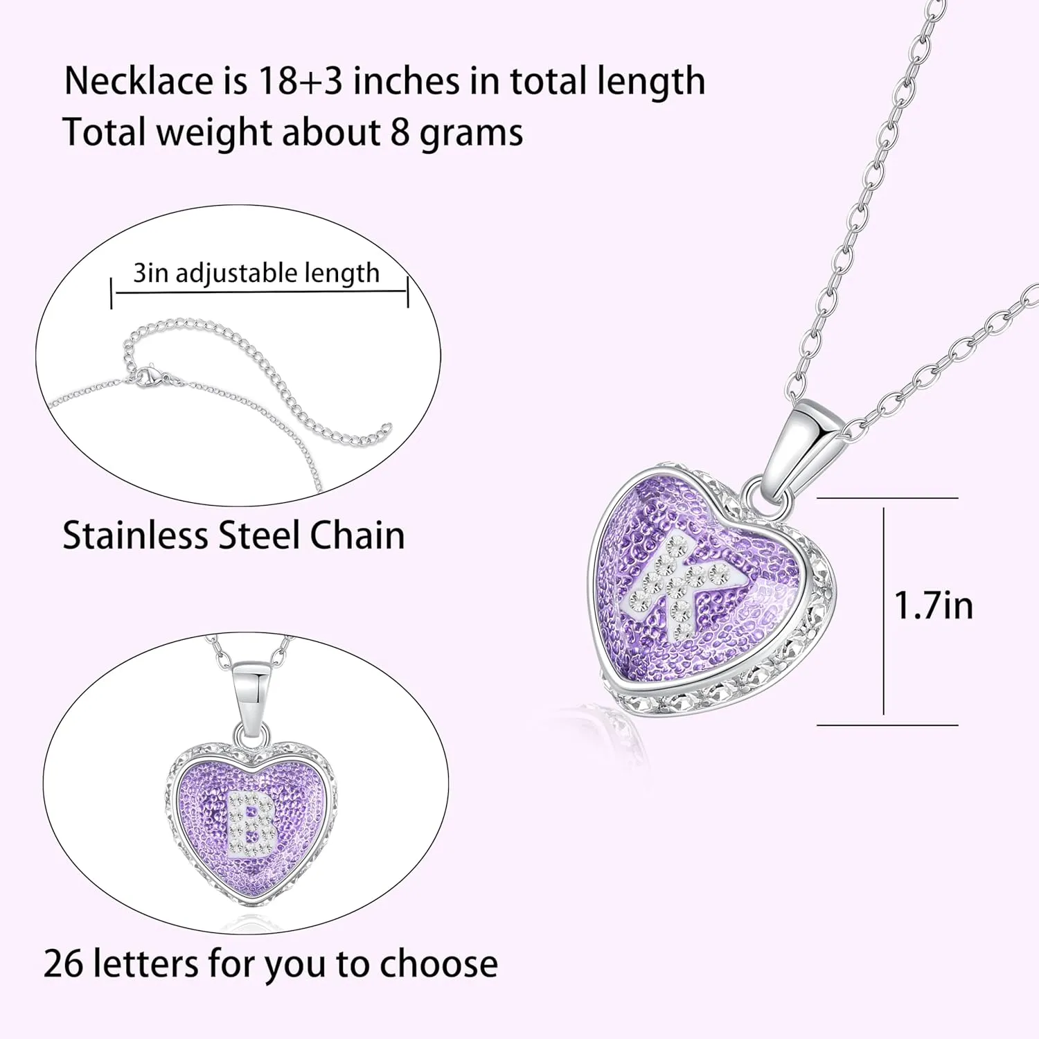 Ahiller Heart Initial Necklace,Crystal Diamond Letter Pendant,18 3" Adjustable Necklaces for Women Trendy Name Jewelry Purple
