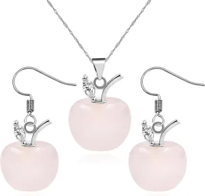 Apple Crystal Pendant Necklace and Earrings Set for Women | Natural Stone Apple Shape Jewelry Set with Zirconia Leaf | Elegant Brass Necklace Earrings Jewelry for Thanksgiving YA4030
