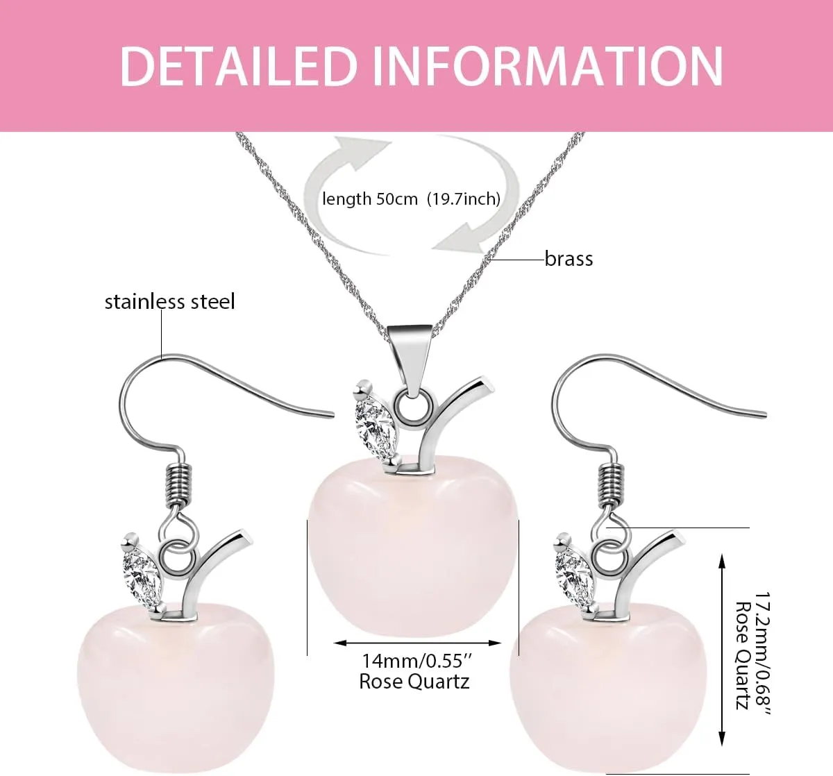 Apple Crystal Pendant Necklace and Earrings Set for Women | Natural Stone Apple Shape Jewelry Set with Zirconia Leaf | Elegant Brass Necklace Earrings Jewelry for Thanksgiving YA4030