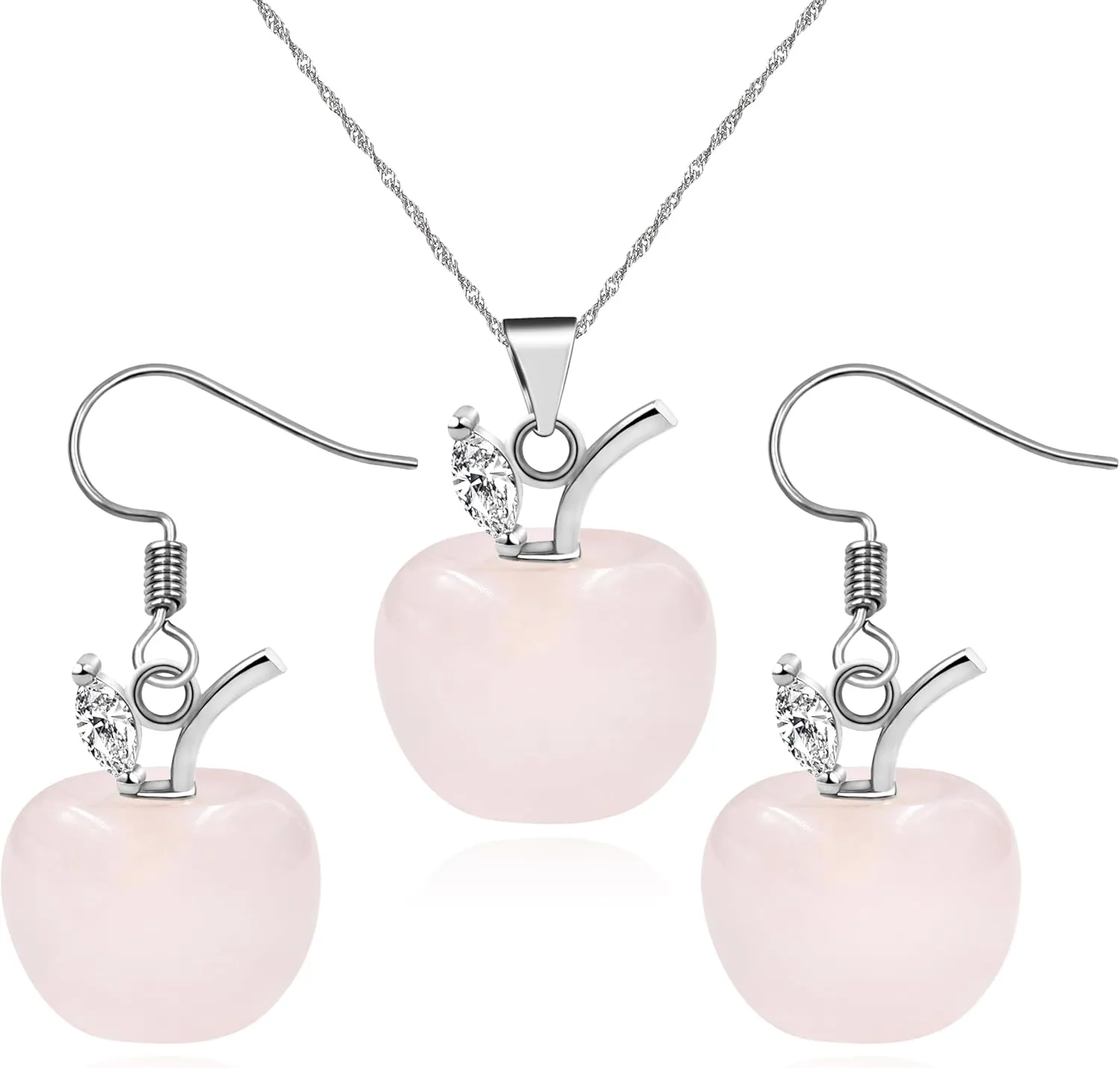 Apple Crystal Pendant Necklace and Earrings Set for Women | Natural Stone Apple Shape Jewelry Set with Zirconia Leaf | Elegant Brass Necklace Earrings Jewelry for Thanksgiving YA4030
