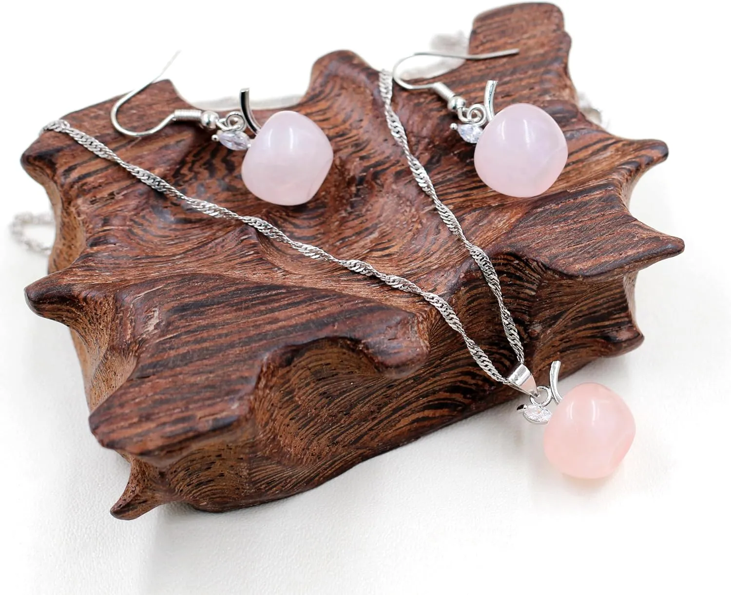 Apple Crystal Pendant Necklace and Earrings Set for Women | Natural Stone Apple Shape Jewelry Set with Zirconia Leaf | Elegant Brass Necklace Earrings Jewelry for Thanksgiving YA4030