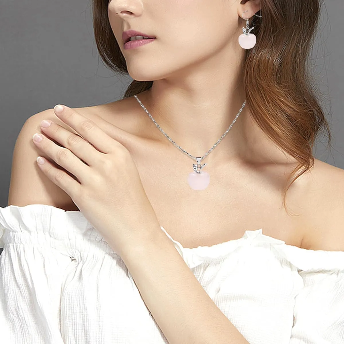 Apple Crystal Pendant Necklace and Earrings Set for Women | Natural Stone Apple Shape Jewelry Set with Zirconia Leaf | Elegant Brass Necklace Earrings Jewelry for Thanksgiving YA4030