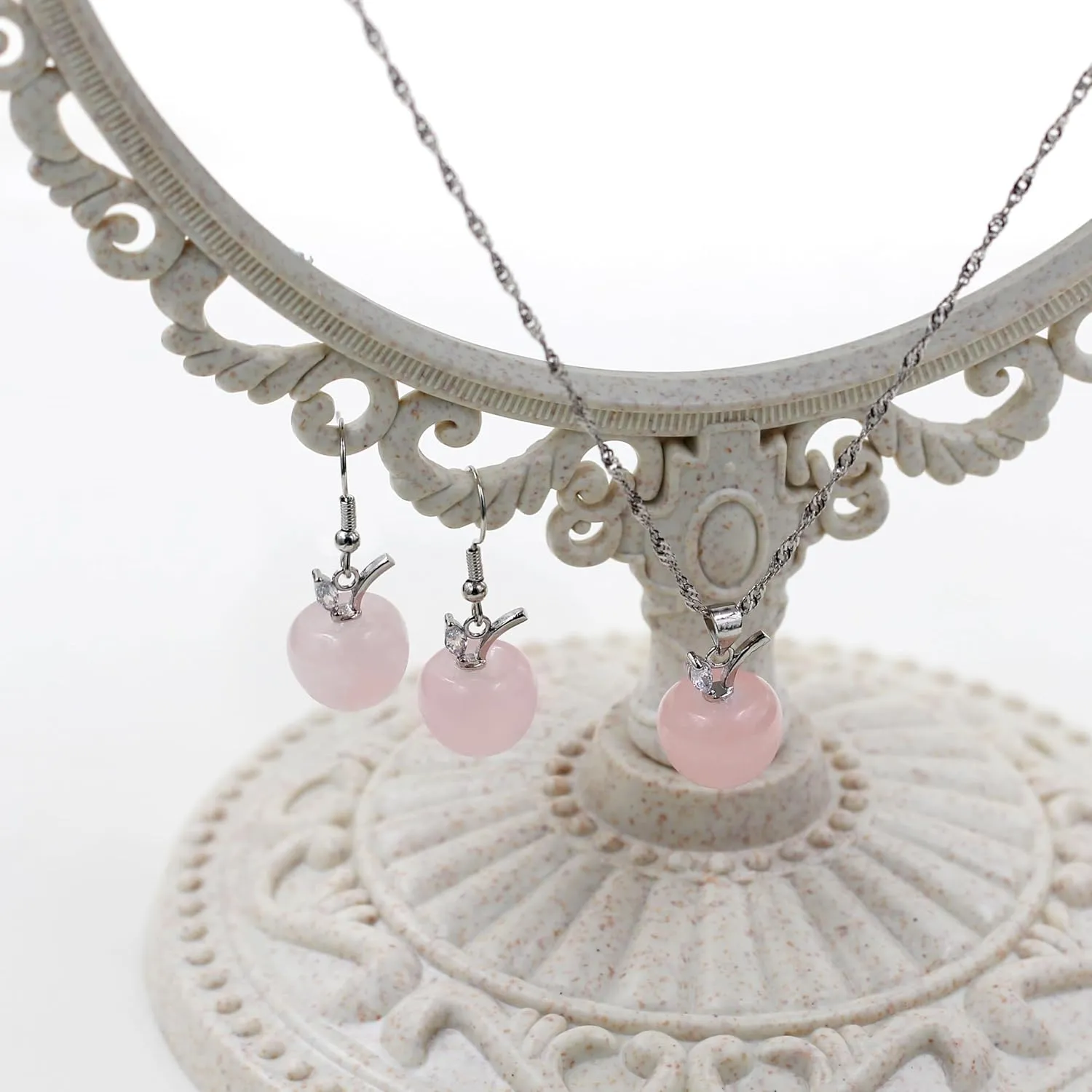 Apple Crystal Pendant Necklace and Earrings Set for Women | Natural Stone Apple Shape Jewelry Set with Zirconia Leaf | Elegant Brass Necklace Earrings Jewelry for Thanksgiving YA4030