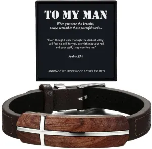 ARK & BAY Christian Leather and Rosewood Cross Bracelet For Men In Gift Box With A Bible Verse, Meaningful Religious Jewelry For Him