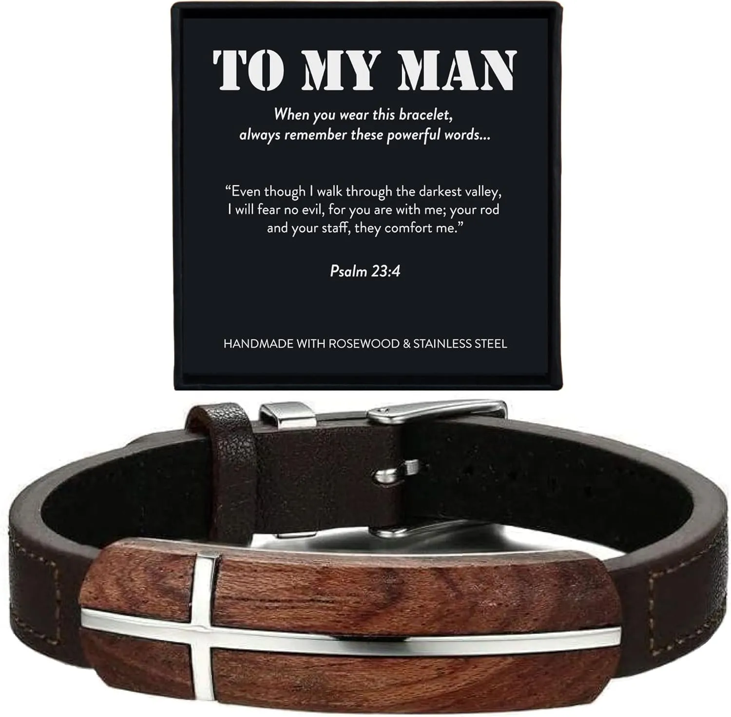 ARK & BAY Christian Leather and Rosewood Cross Bracelet For Men In Gift Box With A Bible Verse, Meaningful Religious Jewelry For Him