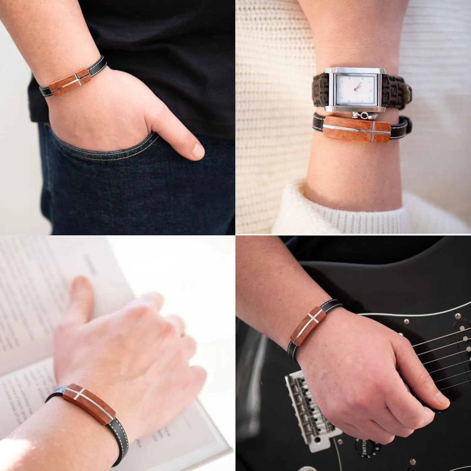 ARK & BAY Christian Leather and Rosewood Cross Bracelet For Men In Gift Box With A Bible Verse, Meaningful Religious Jewelry For Him