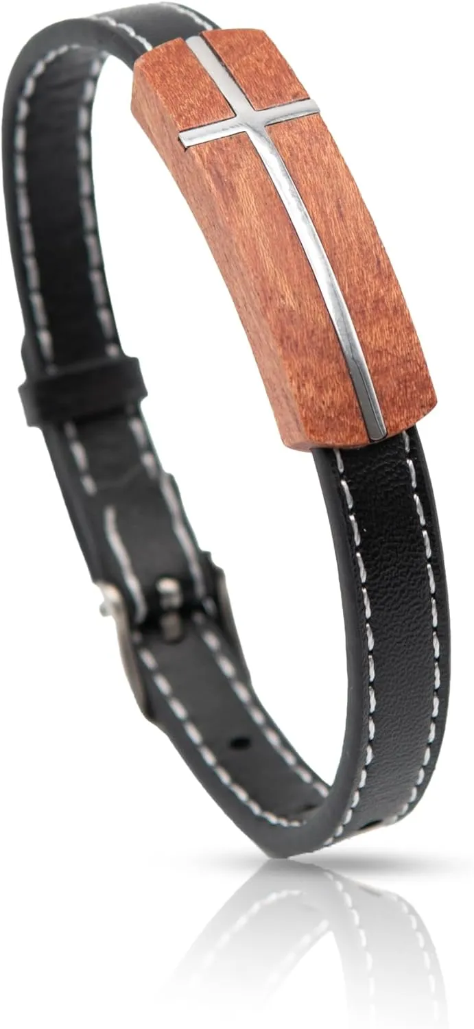 ARK & BAY Christian Leather and Rosewood Cross Bracelet For Men In Gift Box With A Bible Verse, Meaningful Religious Jewelry For Him