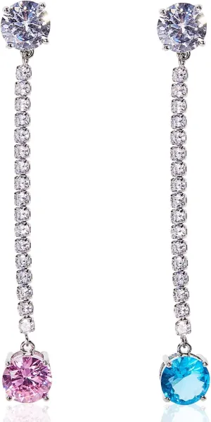 Asymmetric Tassel Earrings Pink & Blue Cubic Zirconia Drop Earrings for Women, 18K White Gold Plated Hypoallergenic Jewelry, Unique Mismatch Design Gift for Her