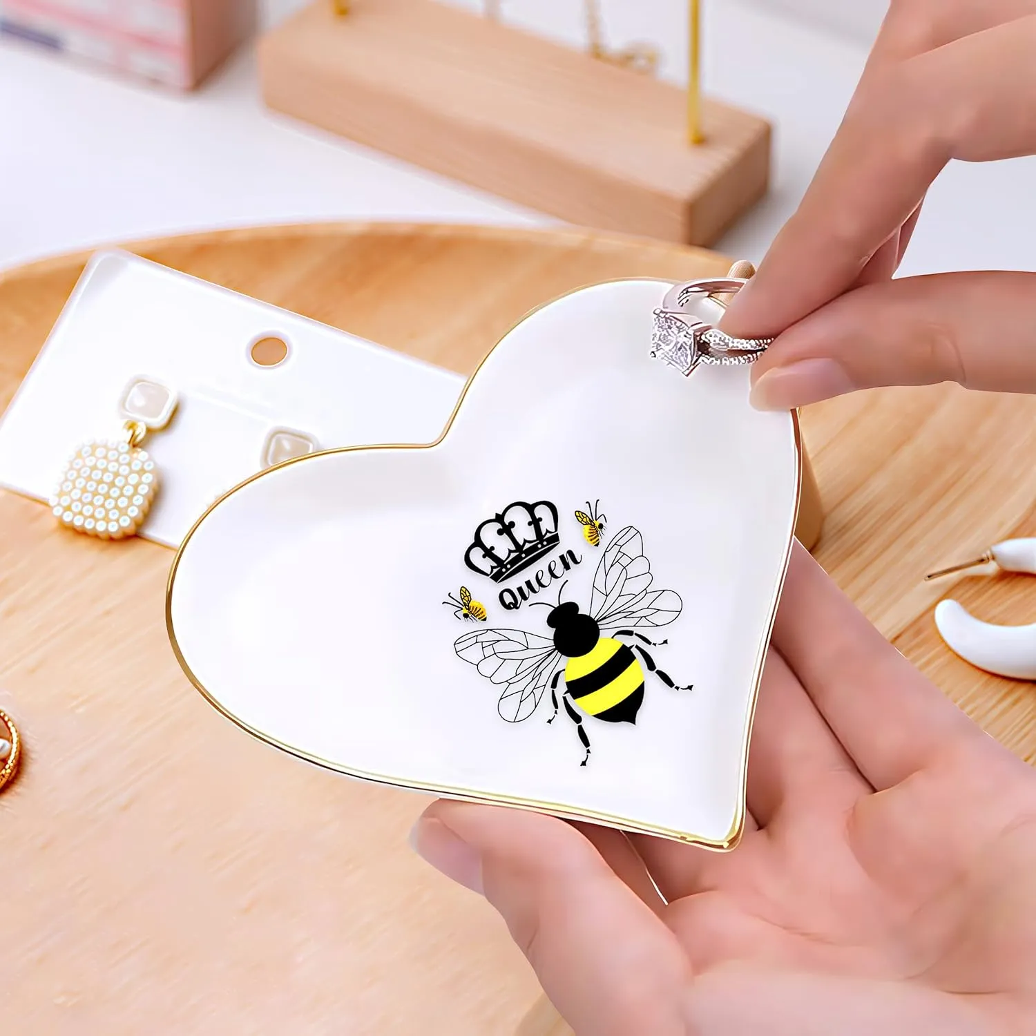 Bee Ring Holder Dish Tray, Gifts For Women Teens Girls Kids, Bee Lovers Themed Stuff Accessories Things Decor Merch, Home Room Ring Earrings Necklace Organizer Holder!