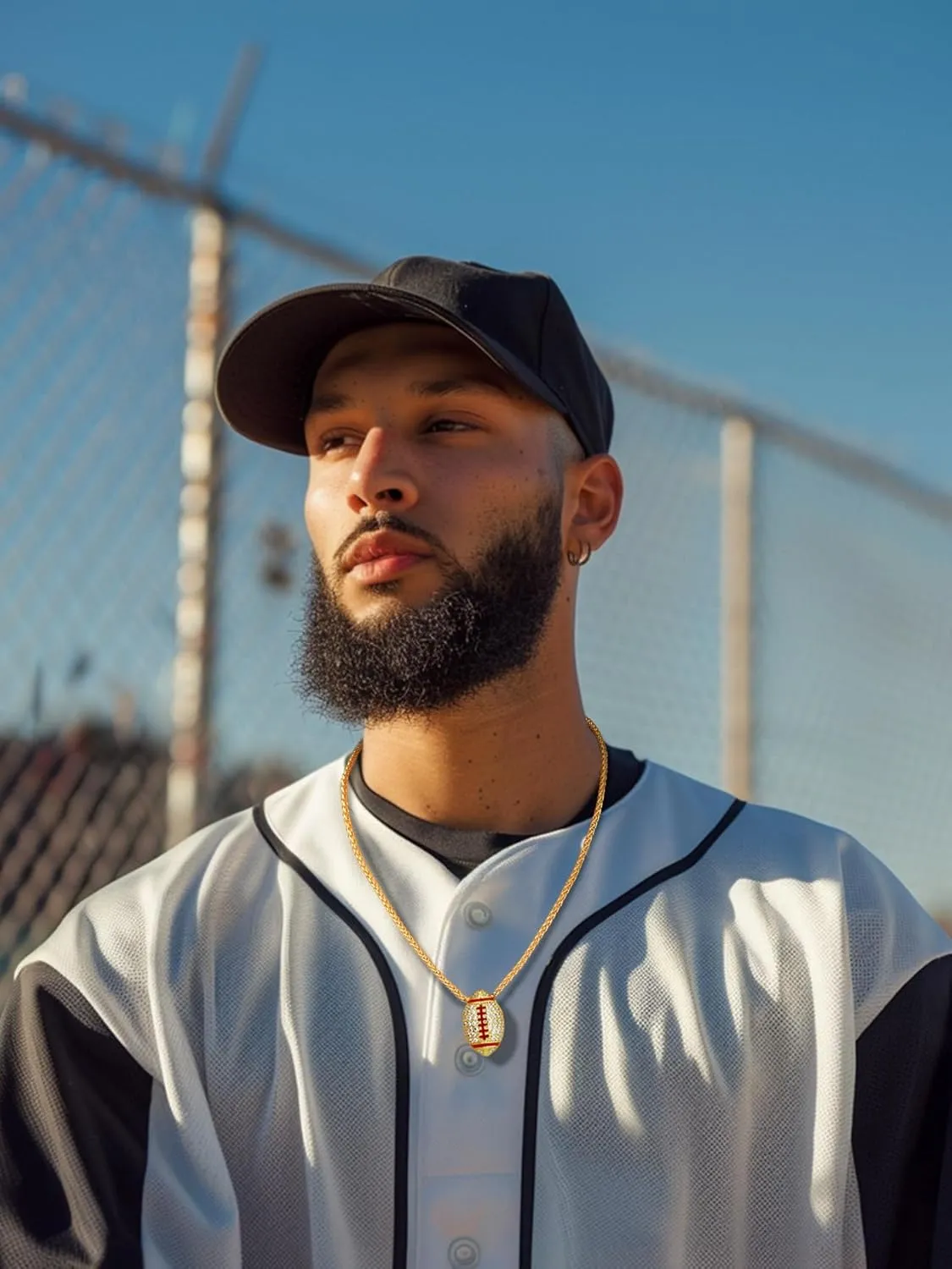 Bestyle Bling Football Baseball Necklace for Men, Full CZ Men Gold Necklace Chain Gold Ball Pendant Sport Jewelry for Sprots Fan