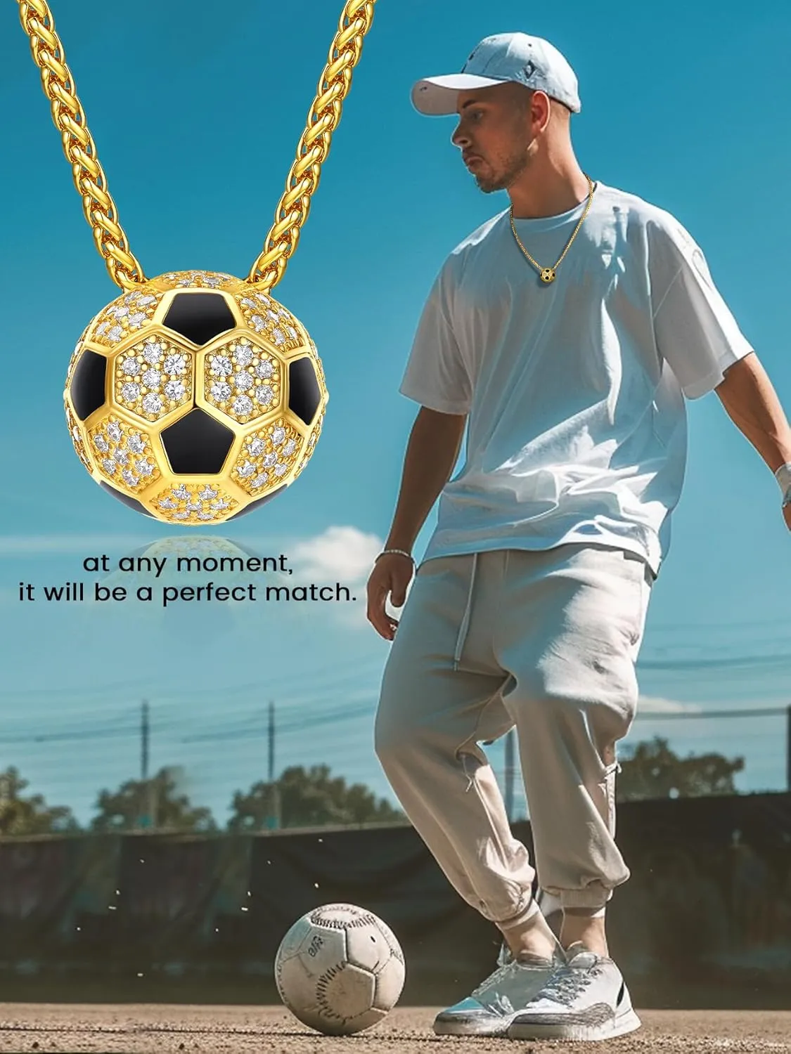 Bestyle Bling Football Baseball Necklace for Men, Full CZ Men Gold Necklace Chain Gold Ball Pendant Sport Jewelry for Sprots Fan