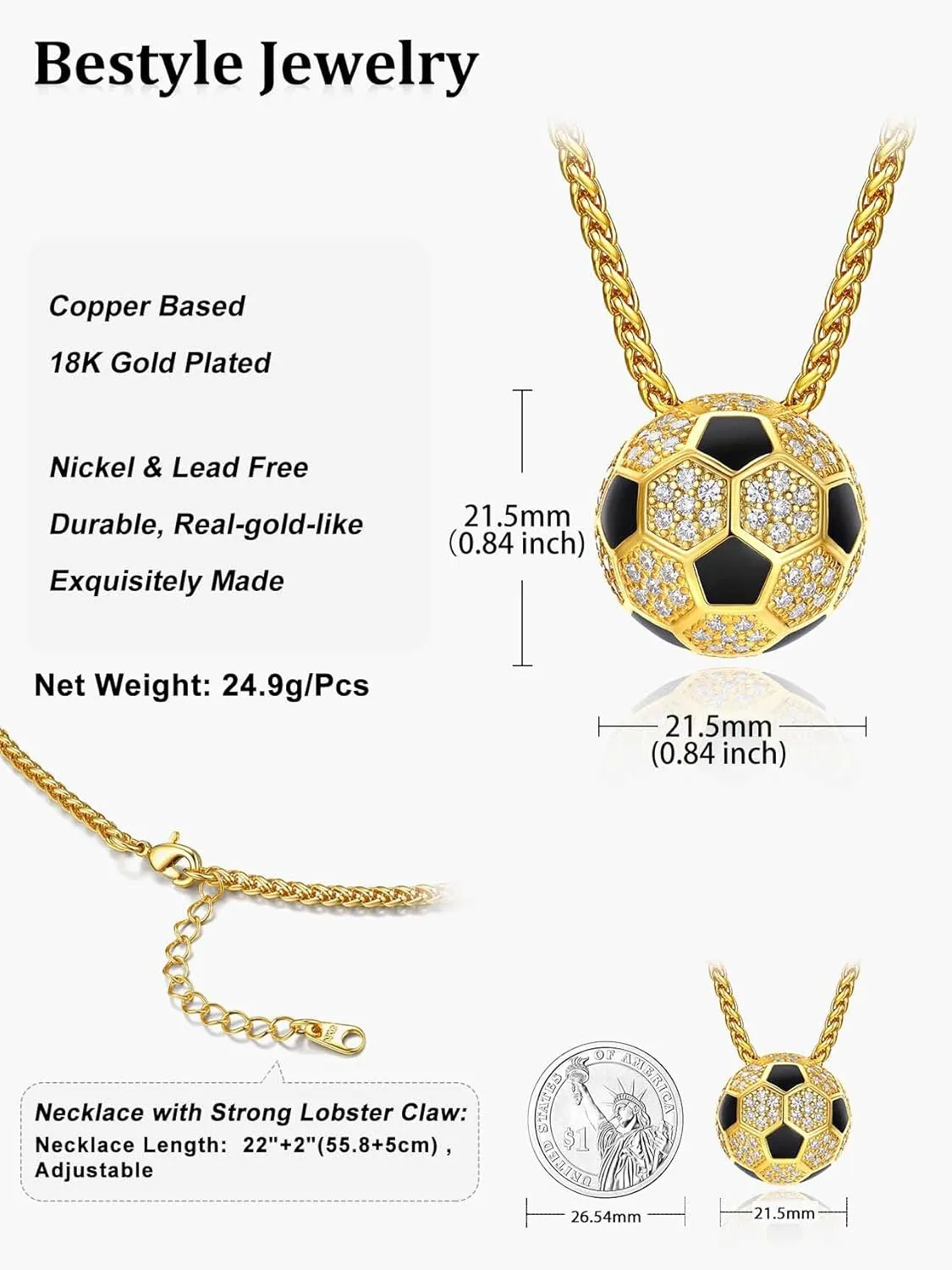 Bestyle Bling Football Baseball Necklace for Men, Full CZ Men Gold Necklace Chain Gold Ball Pendant Sport Jewelry for Sprots Fan