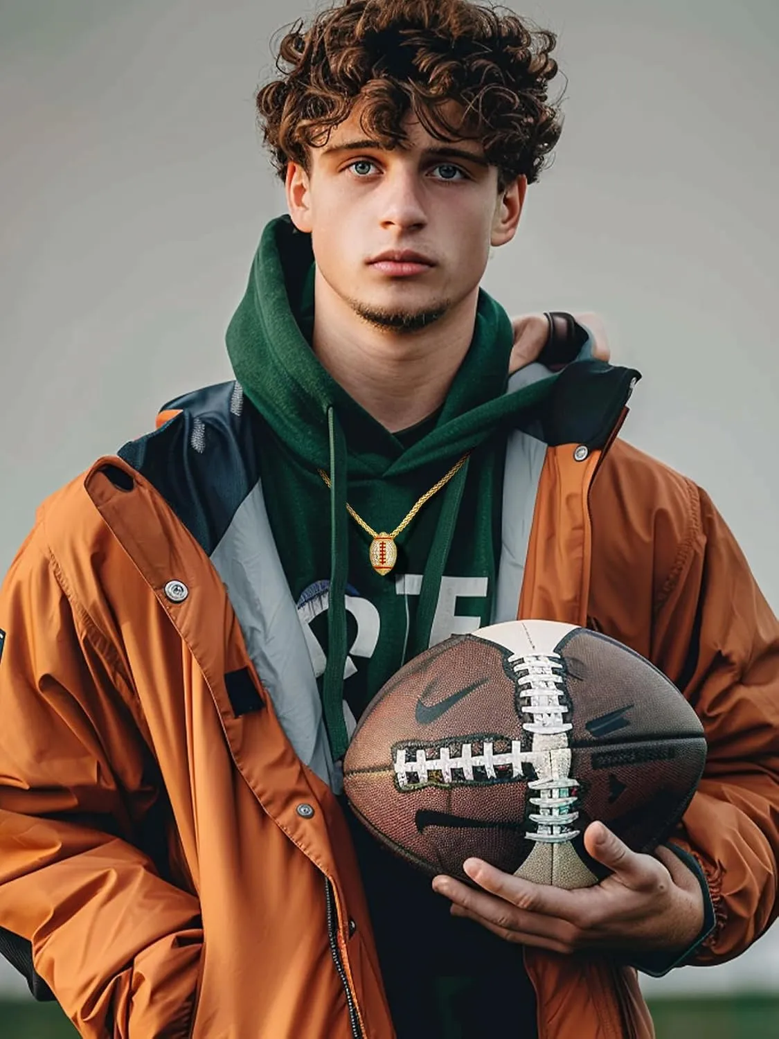 Bestyle Bling Football Baseball Necklace for Men, Full CZ Men Gold Necklace Chain Gold Ball Pendant Sport Jewelry for Sprots Fan