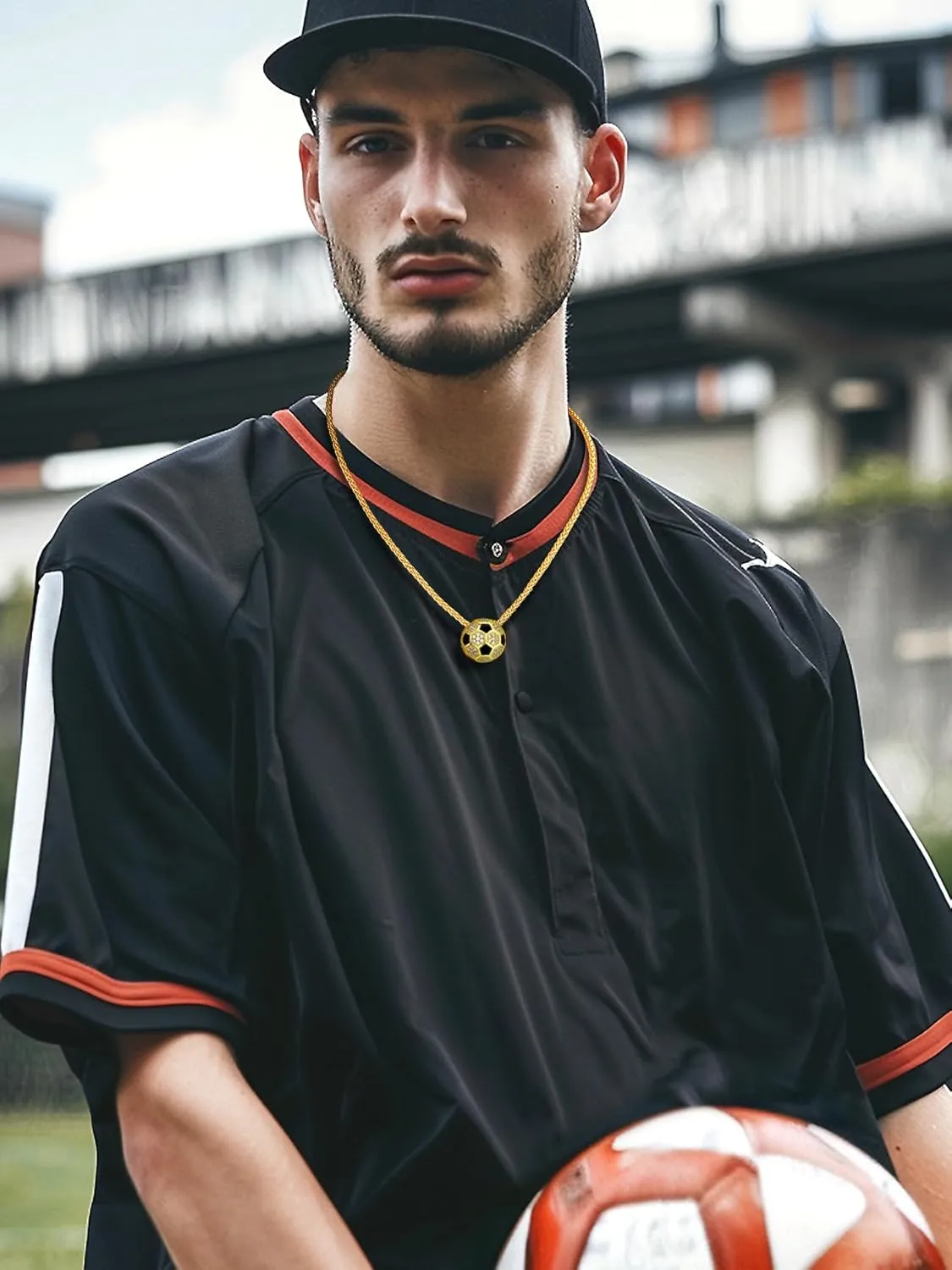 Bestyle Bling Football Baseball Necklace for Men, Full CZ Men Gold Necklace Chain Gold Ball Pendant Sport Jewelry for Sprots Fan