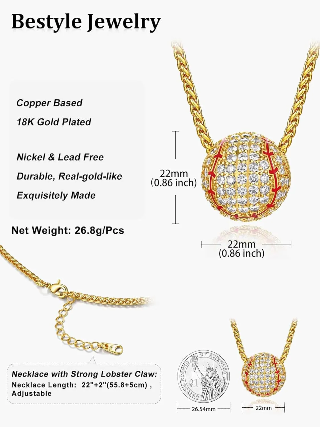 Bestyle Bling Football Baseball Necklace for Men, Full CZ Men Gold Necklace Chain Gold Ball Pendant Sport Jewelry for Sprots Fan