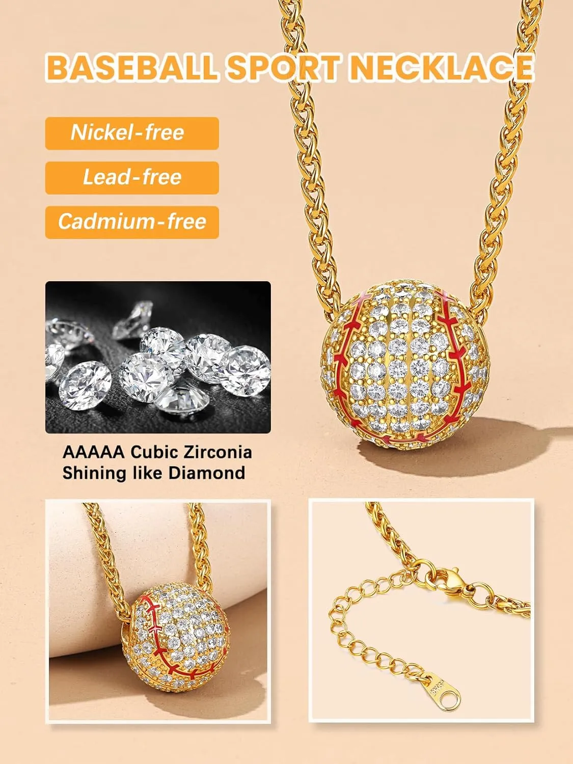 Bestyle Bling Football Baseball Necklace for Men, Full CZ Men Gold Necklace Chain Gold Ball Pendant Sport Jewelry for Sprots Fan
