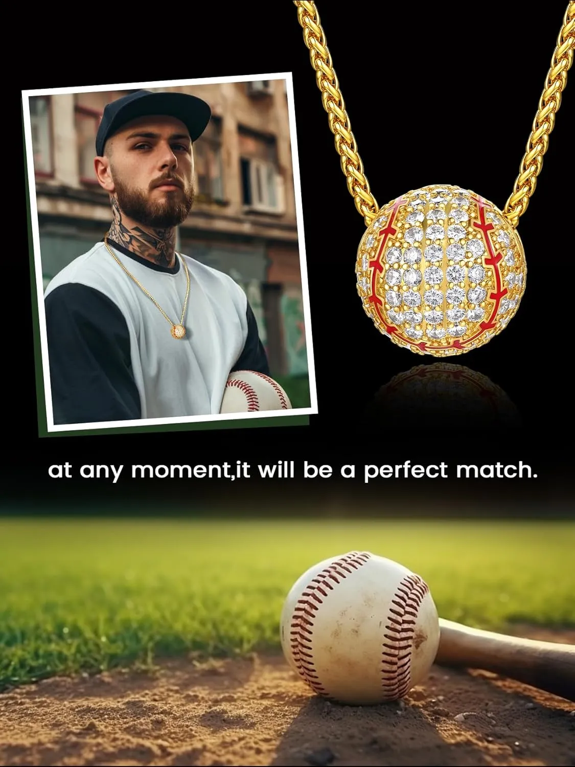 Bestyle Bling Football Baseball Necklace for Men, Full CZ Men Gold Necklace Chain Gold Ball Pendant Sport Jewelry for Sprots Fan