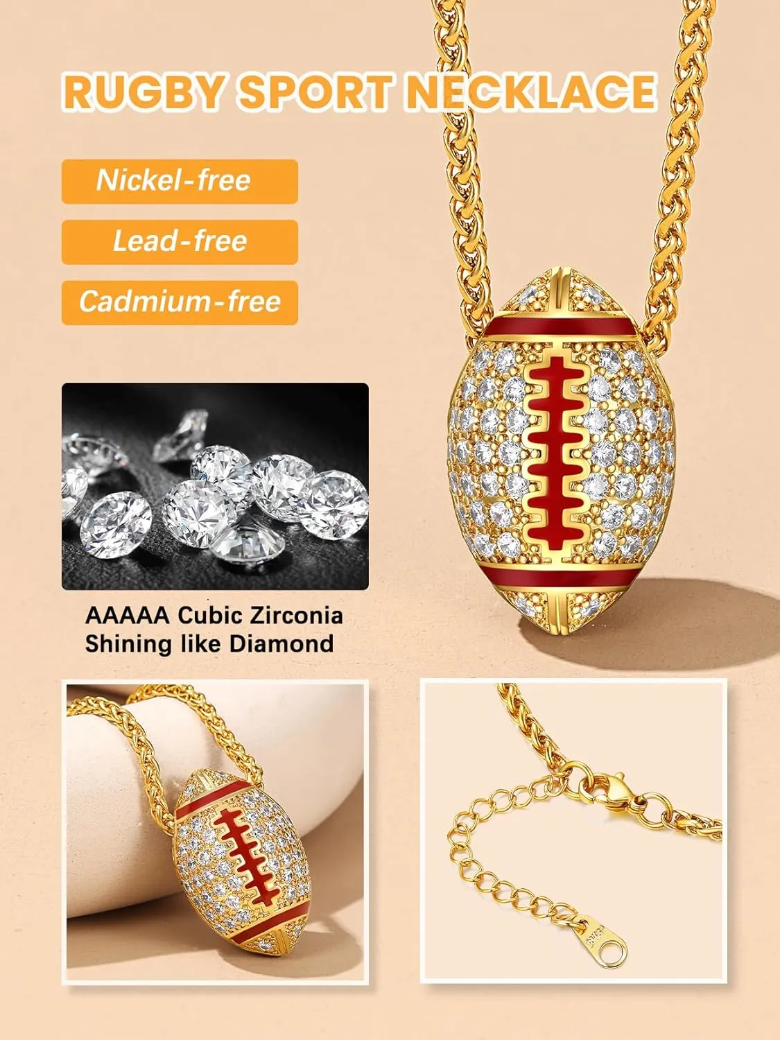 Bestyle Bling Football Baseball Necklace for Men, Full CZ Men Gold Necklace Chain Gold Ball Pendant Sport Jewelry for Sprots Fan