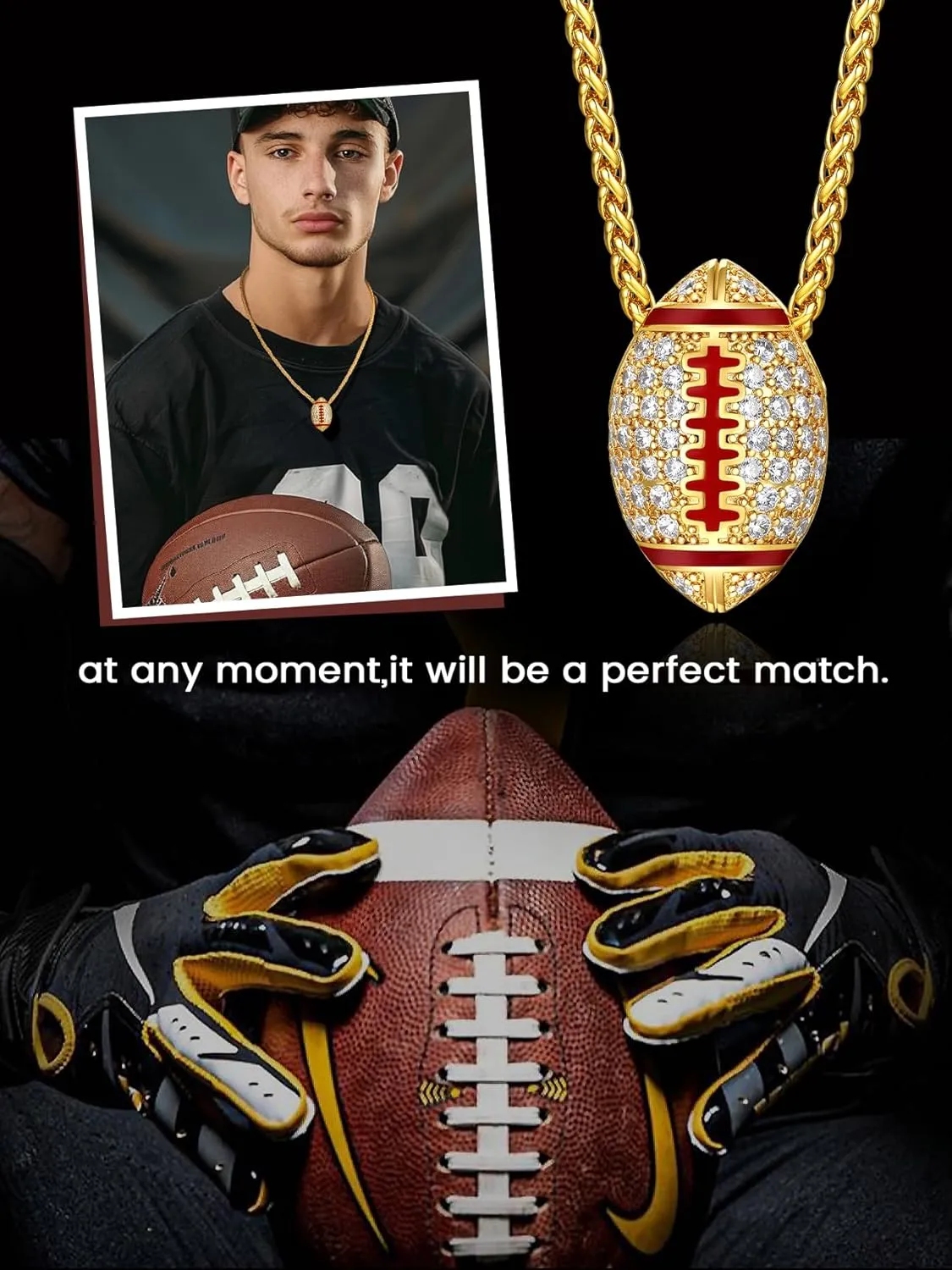Bestyle Bling Football Baseball Necklace for Men, Full CZ Men Gold Necklace Chain Gold Ball Pendant Sport Jewelry for Sprots Fan