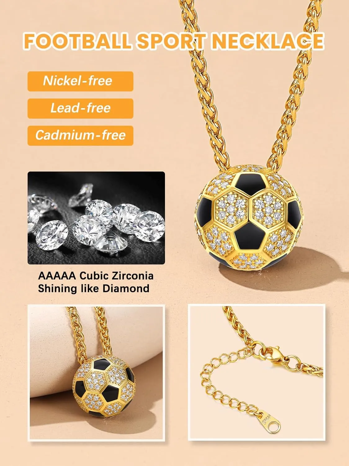 Bestyle Bling Football Baseball Necklace for Men, Full CZ Men Gold Necklace Chain Gold Ball Pendant Sport Jewelry for Sprots Fan