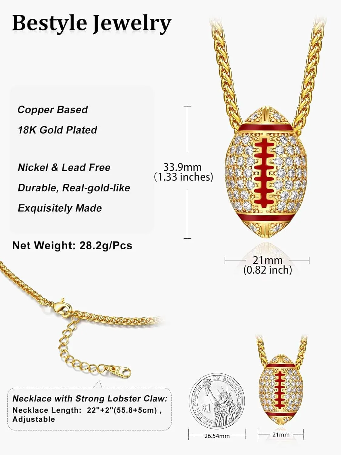 Bestyle Bling Football Baseball Necklace for Men, Full CZ Men Gold Necklace Chain Gold Ball Pendant Sport Jewelry for Sprots Fan