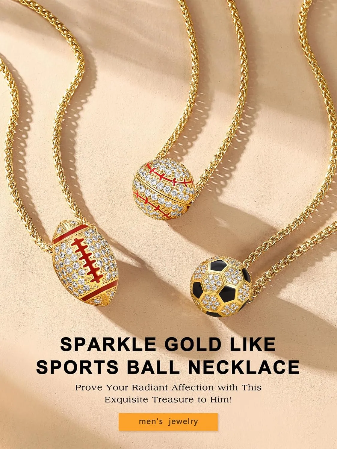 Bestyle Bling Football Baseball Necklace for Men, Full CZ Men Gold Necklace Chain Gold Ball Pendant Sport Jewelry for Sprots Fan
