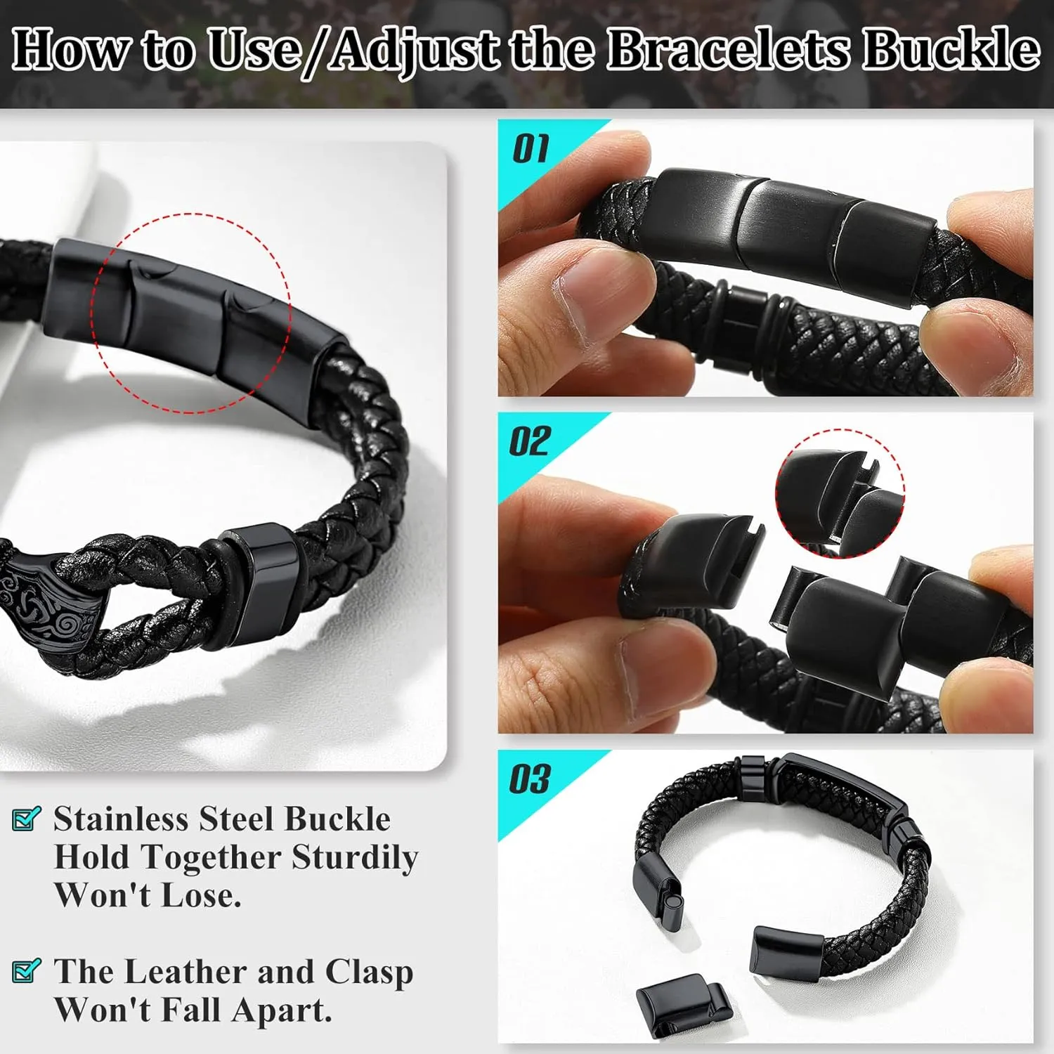Bestyle Genuine Leather Braided Viking Bracelets for Men Boys, Vintage Thor's Hammer/Skull/Masonic Freemason Wrap Cuff Wirstband Bracelets with Closure