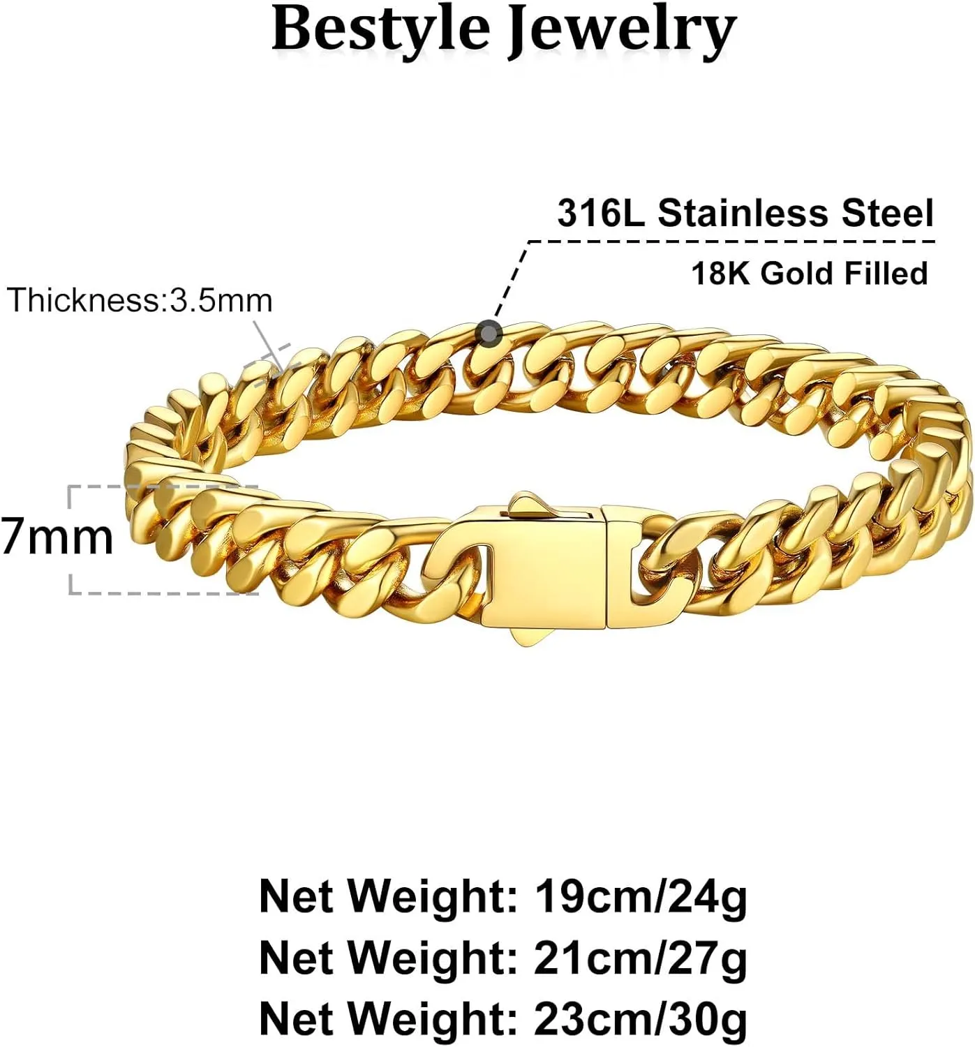 Bestyle Thick Mens Cuban Link Chain Bracelets, Durable Real 18K Gold/Black Metal Plated Solid Stainless Steel Hand Chain Cuban Bracelets for Men, Silver Black Gold Bracelets for Father Husband