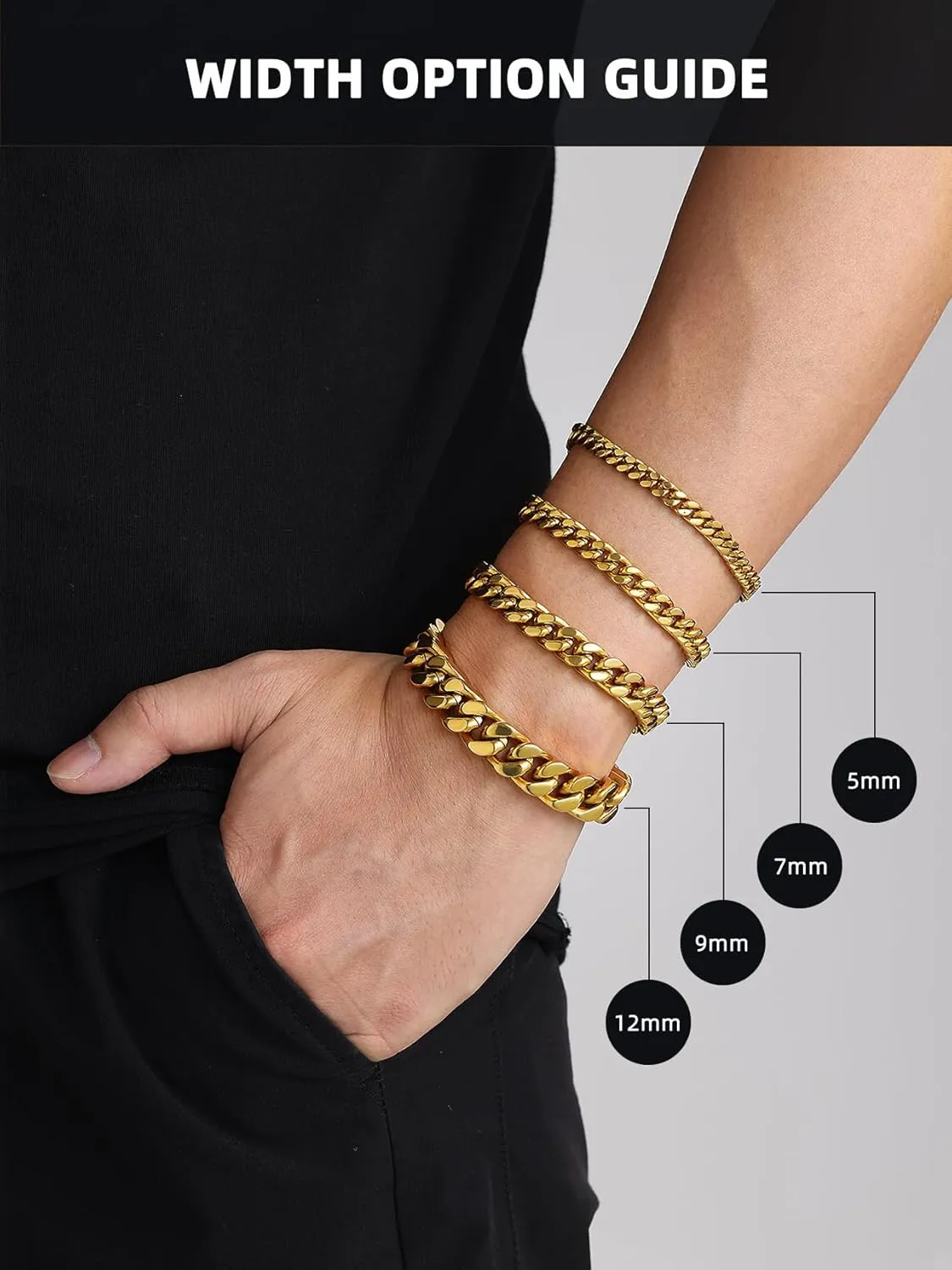Bestyle Thick Mens Cuban Link Chain Bracelets, Durable Real 18K Gold/Black Metal Plated Solid Stainless Steel Hand Chain Cuban Bracelets for Men, Silver Black Gold Bracelets for Father Husband