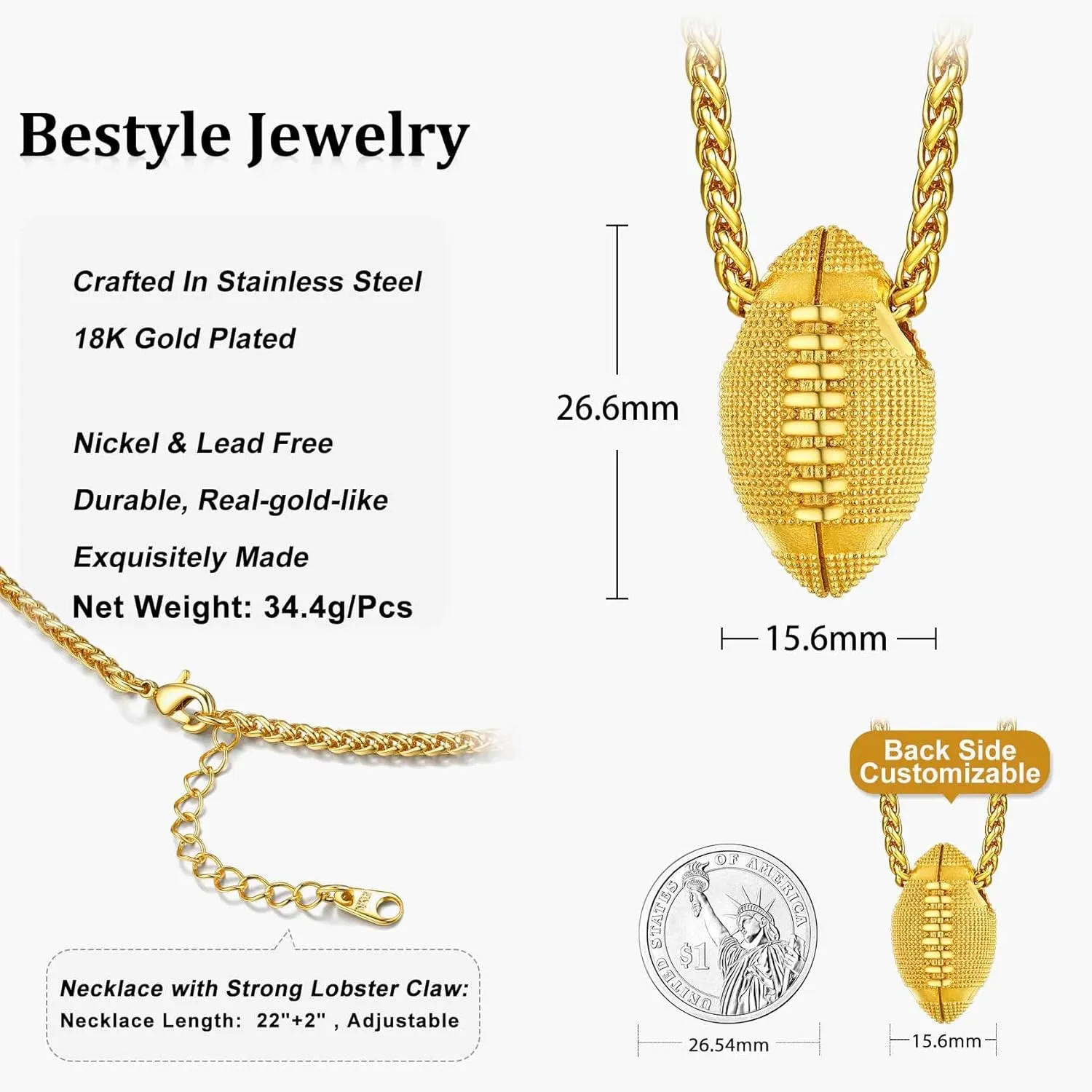 Bestyle Vivid Ball Pendants Sprots Necklace for Men, Solid Stainless Steel Soccer/Basketball/Volleyball/Rugby Ball/Baseball Necklace in Silver/Black/Gold, Trendy Sport Fan Jewelry Collection Gift