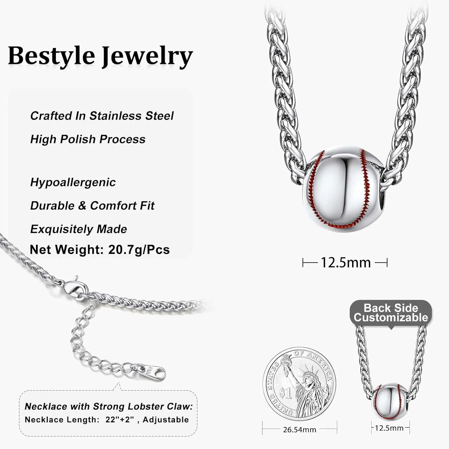 Bestyle Vivid Ball Pendants Sprots Necklace for Men, Solid Stainless Steel Soccer/Basketball/Volleyball/Rugby Ball/Baseball Necklace in Silver/Black/Gold, Trendy Sport Fan Jewelry Collection Gift