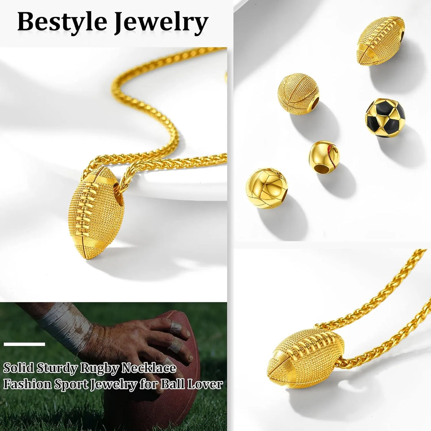 Bestyle Vivid Ball Pendants Sprots Necklace for Men, Solid Stainless Steel Soccer/Basketball/Volleyball/Rugby Ball/Baseball Necklace in Silver/Black/Gold, Trendy Sport Fan Jewelry Collection Gift