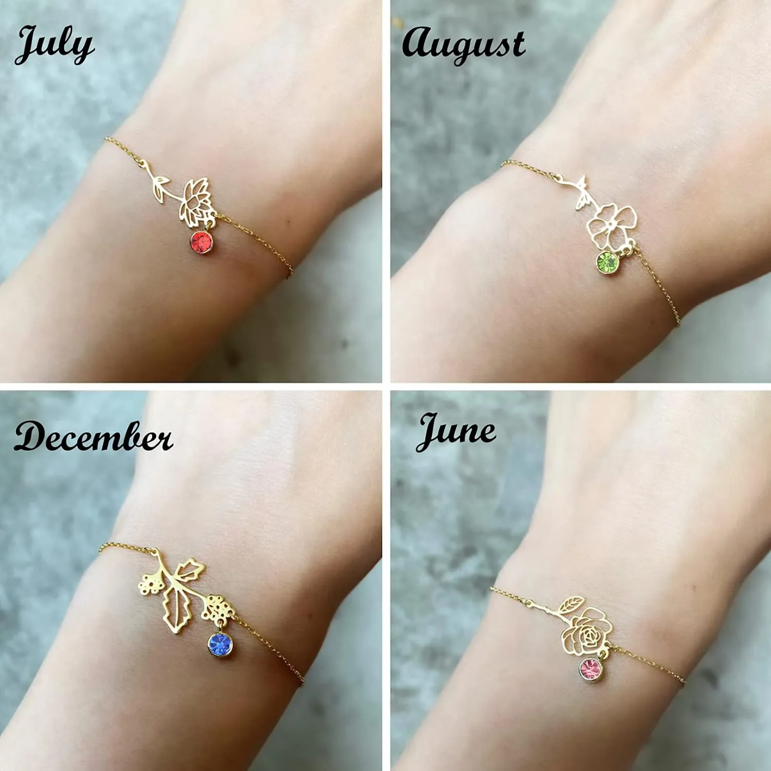 Birth Flower Bracelets, 14K Gold Plated Birth Month Floral Birthstone Charm Bracelets Wildflower Birthflower Jewelry Birthday Gifts for Women