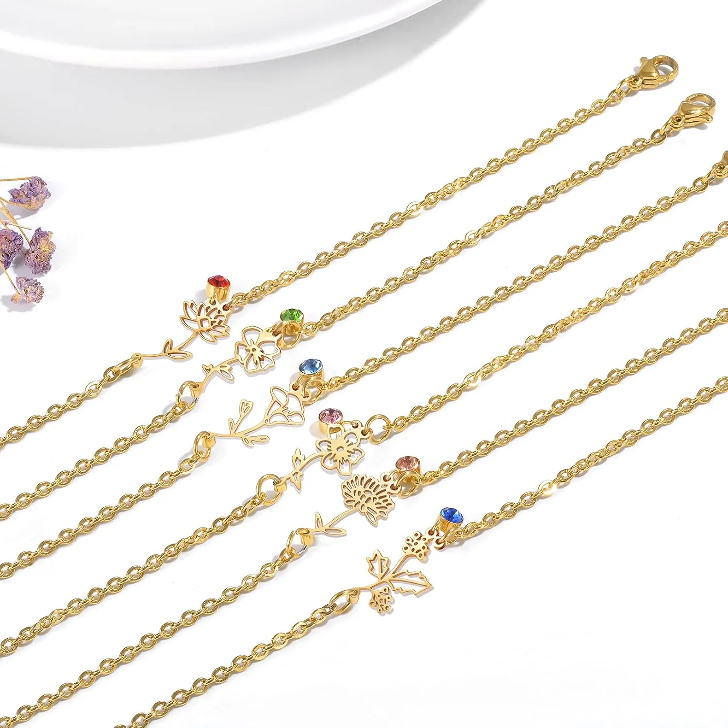 Birth Flower Bracelets, 14K Gold Plated Birth Month Floral Birthstone Charm Bracelets Wildflower Birthflower Jewelry Birthday Gifts for Women