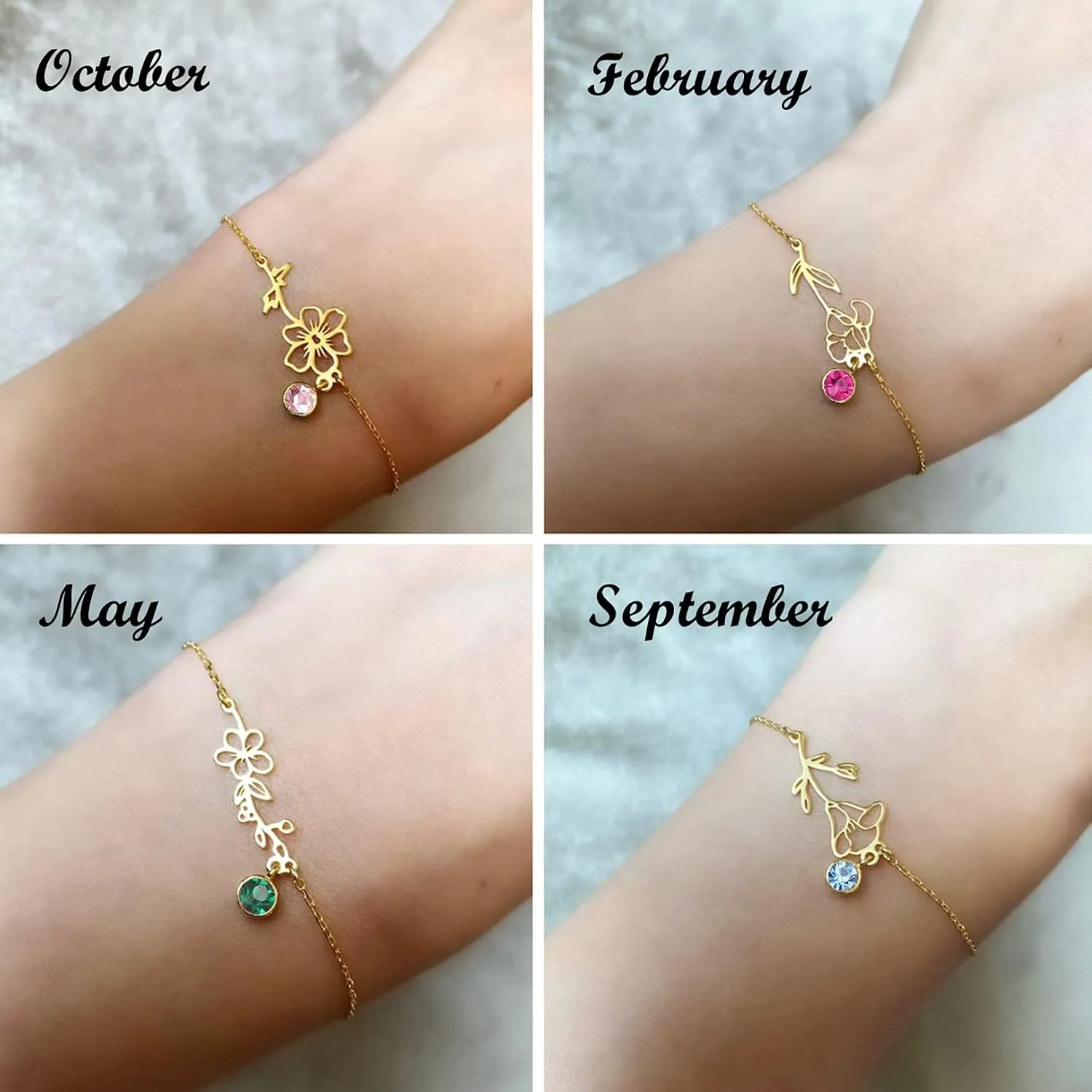 Birth Flower Bracelets, 14K Gold Plated Birth Month Floral Birthstone Charm Bracelets Wildflower Birthflower Jewelry Birthday Gifts for Women