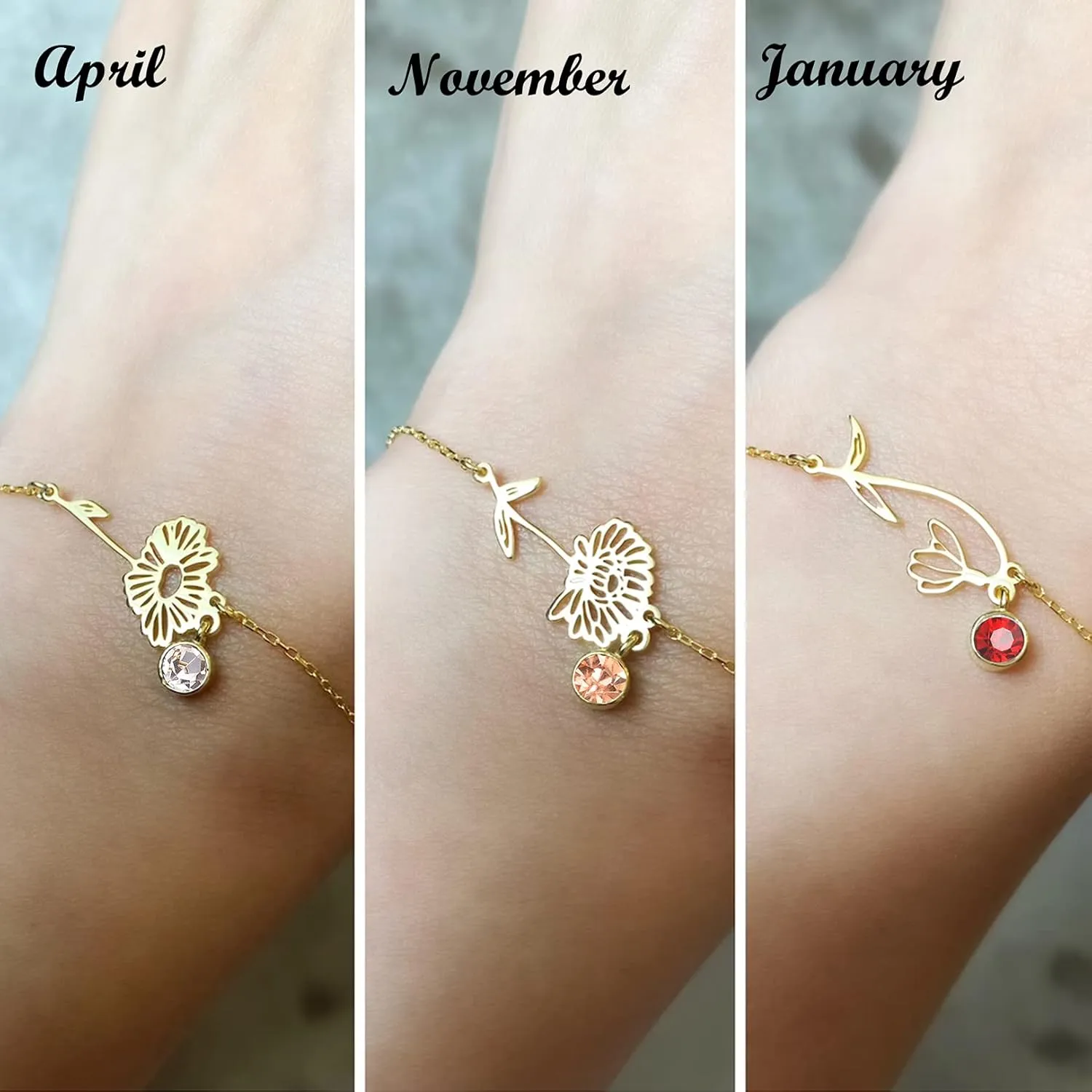 Birth Flower Bracelets, 14K Gold Plated Birth Month Floral Birthstone Charm Bracelets Wildflower Birthflower Jewelry Birthday Gifts for Women